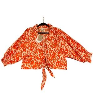 Women's Medium Silky Crop Top Orange Print Tie Front Blouse Shirt Buttons Collar